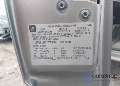 2007 Chevrolet Silverado 1500 Classic Work Truck z USA, uszkodzony, nr VIN 1GCEK19Z37Z139214